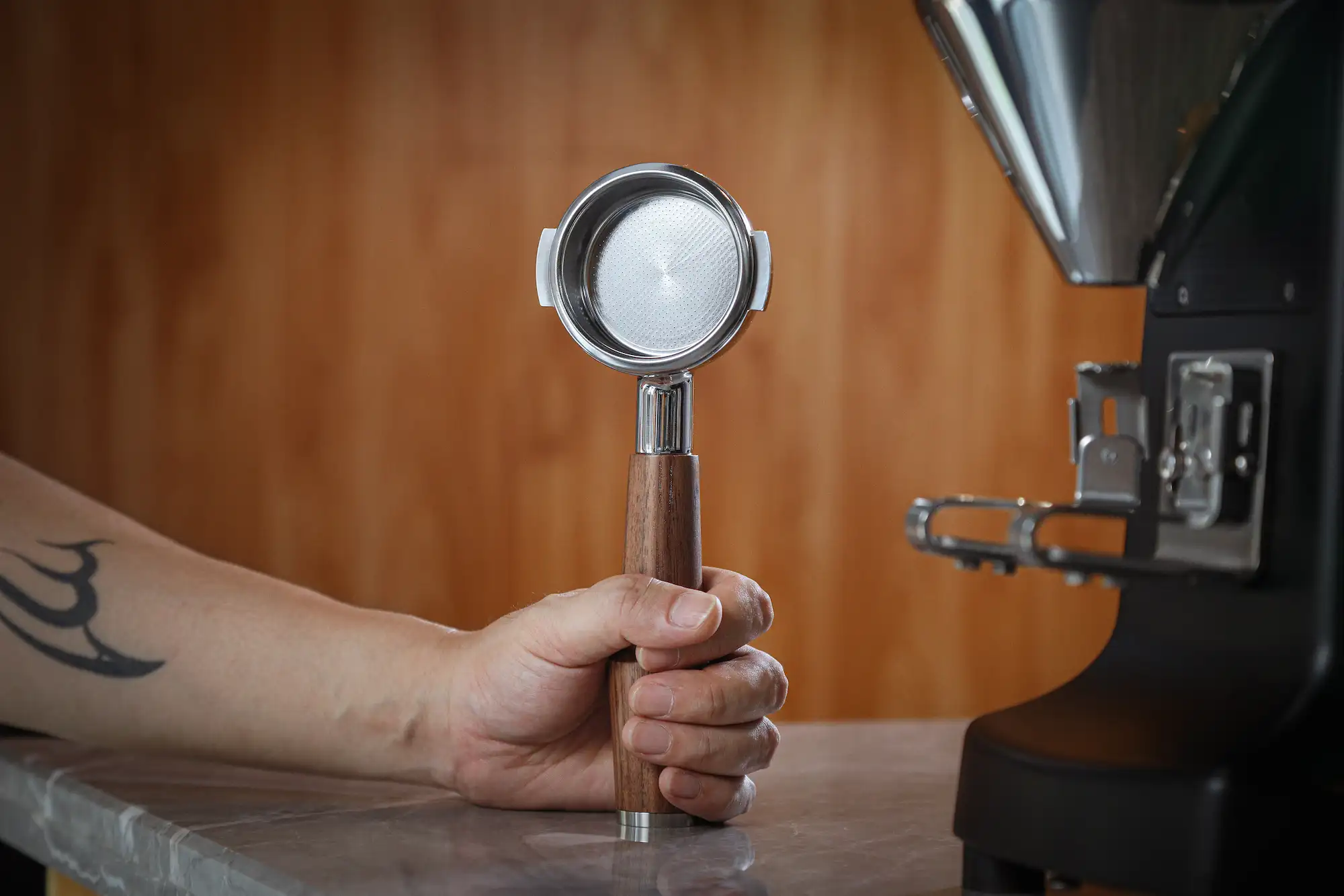 KNODOS 58mm Walnut Bottomless Portafilter for E61 — Rocket, ECM, Profitec, Lelit, Flair 58 - 2