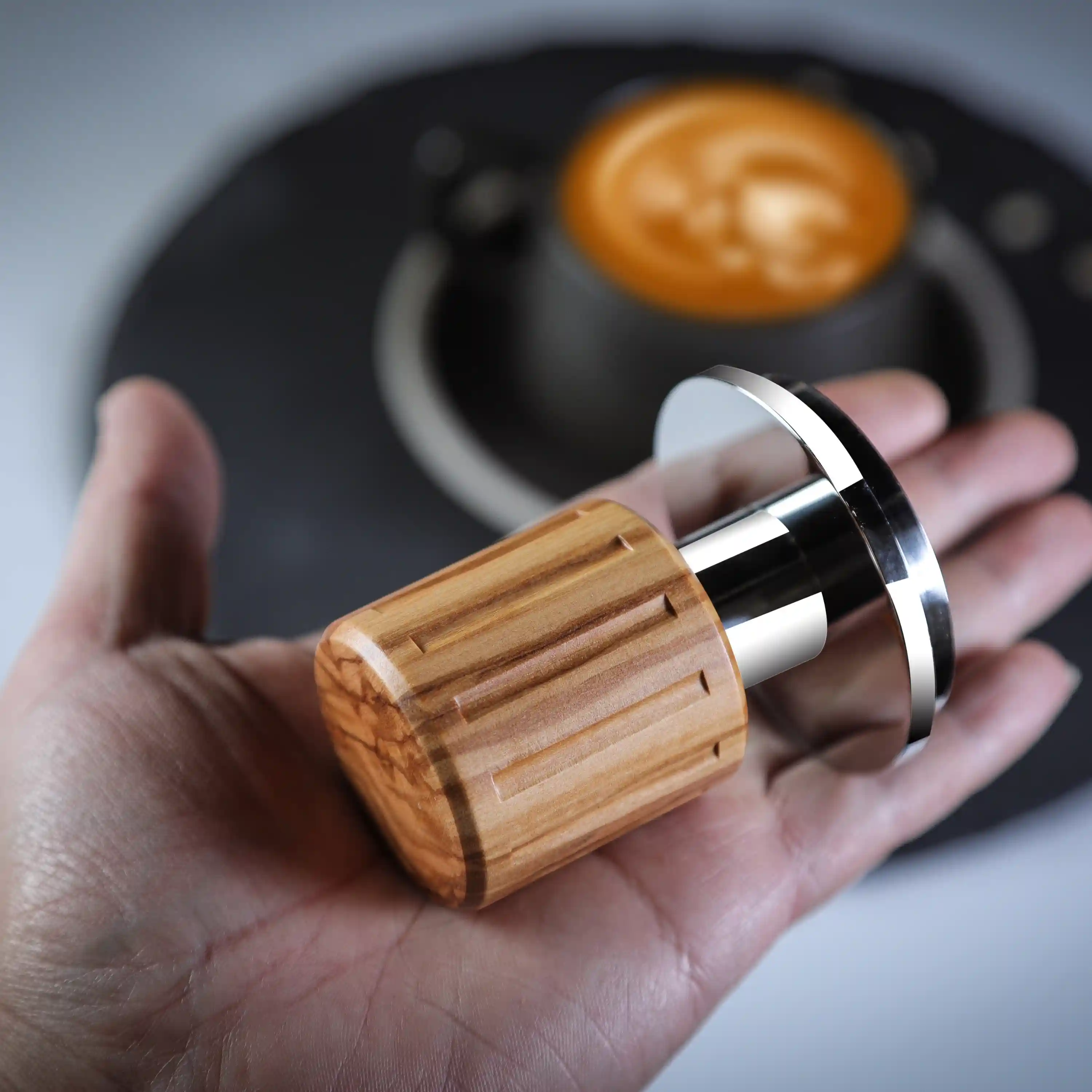 KNODOS Echo Spring-Loaded Espresso Tamper 54mm for Breville & Sage – Calibrated 30lb Click, 53.3mm Self-Leveling Olive Wood - 3