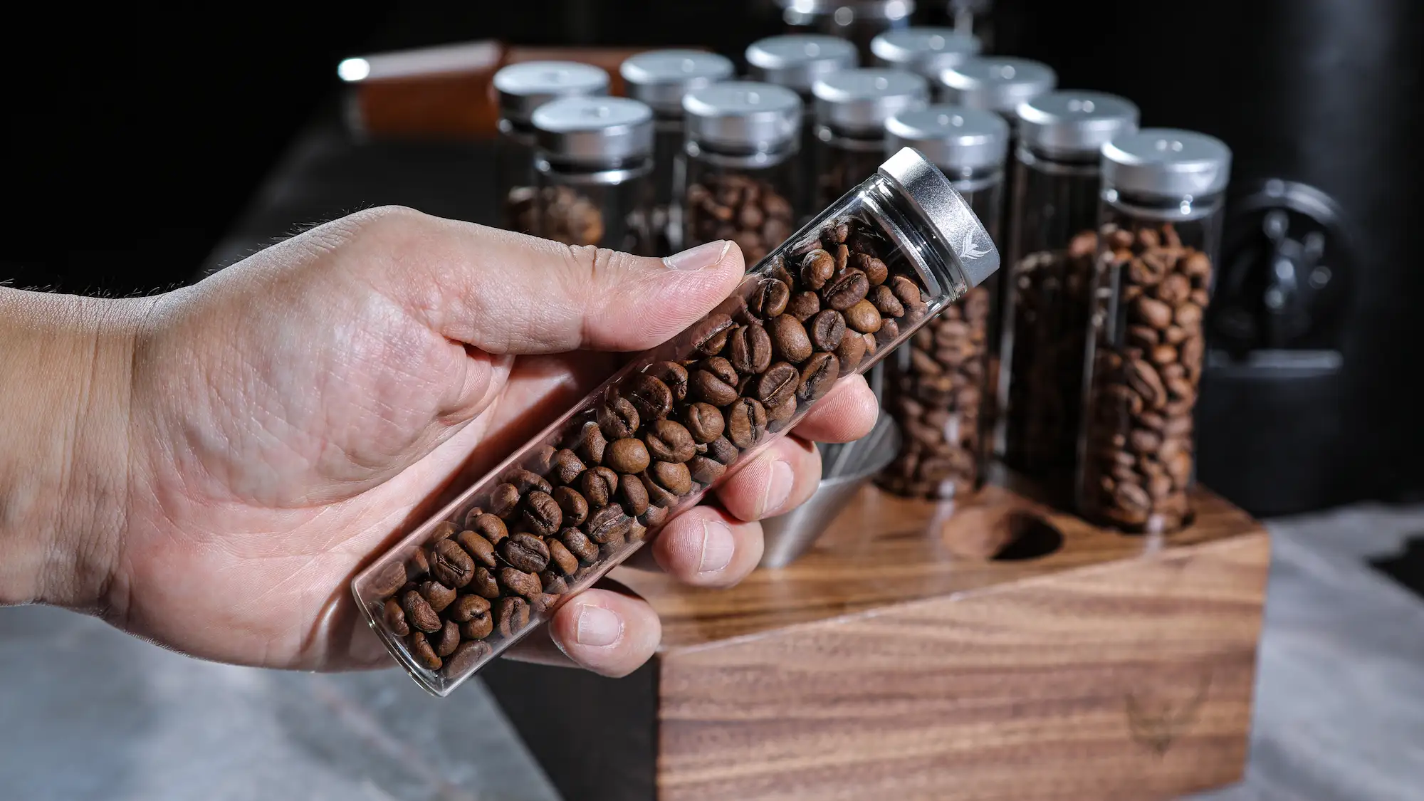 One-Way Exhaust Valve Single Dose Coffee Bean Storage Tubes With Walnut Stand - 2