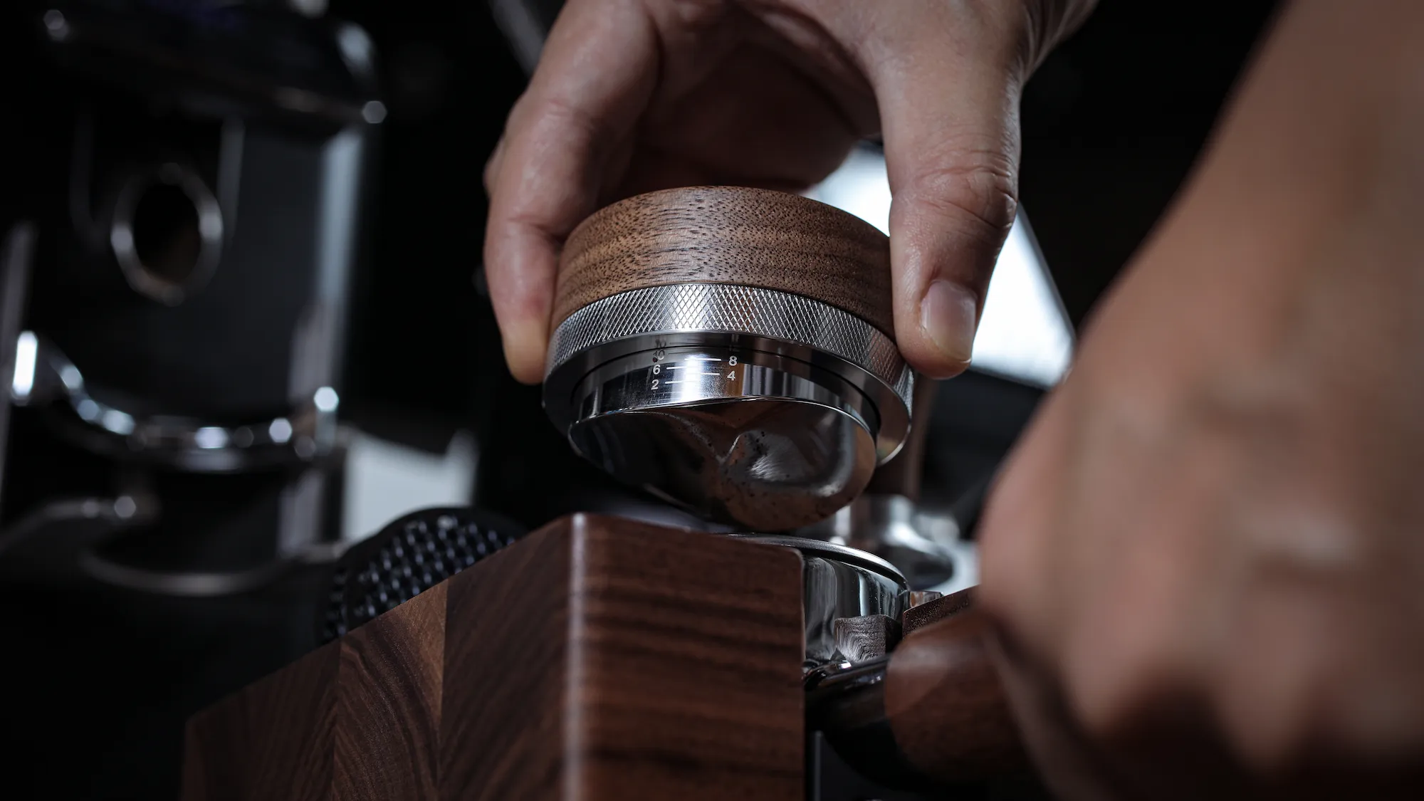 KNODOS 54mm Walnut Coffee Distributor for Breville — Adjustable Espresso Leveler, Stainless Steel - 2