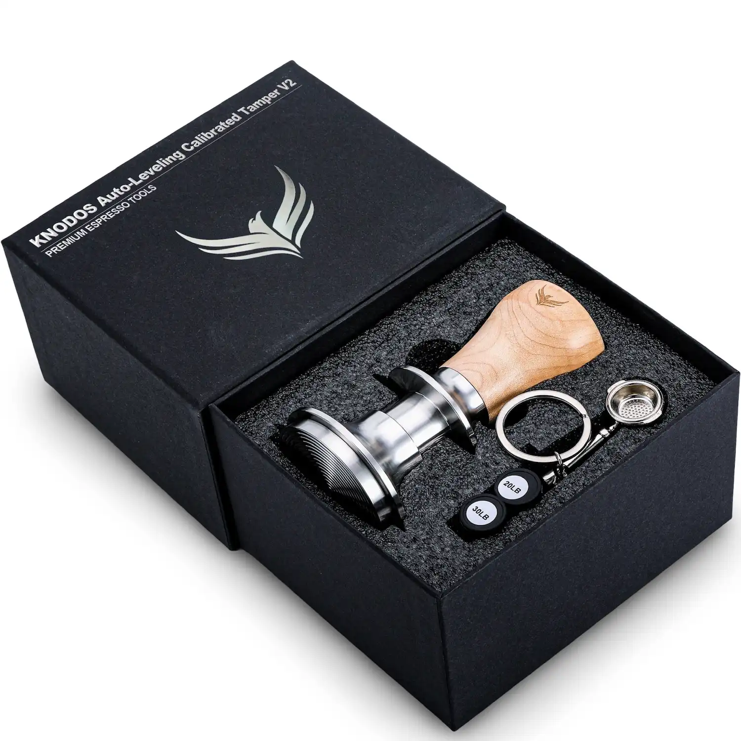 KNODOS 54mm Espresso Tamper for Breville, 53.3mm Calibrated Self-Leveling Spring Loaded Ripple Base Tamper with Maple Handle