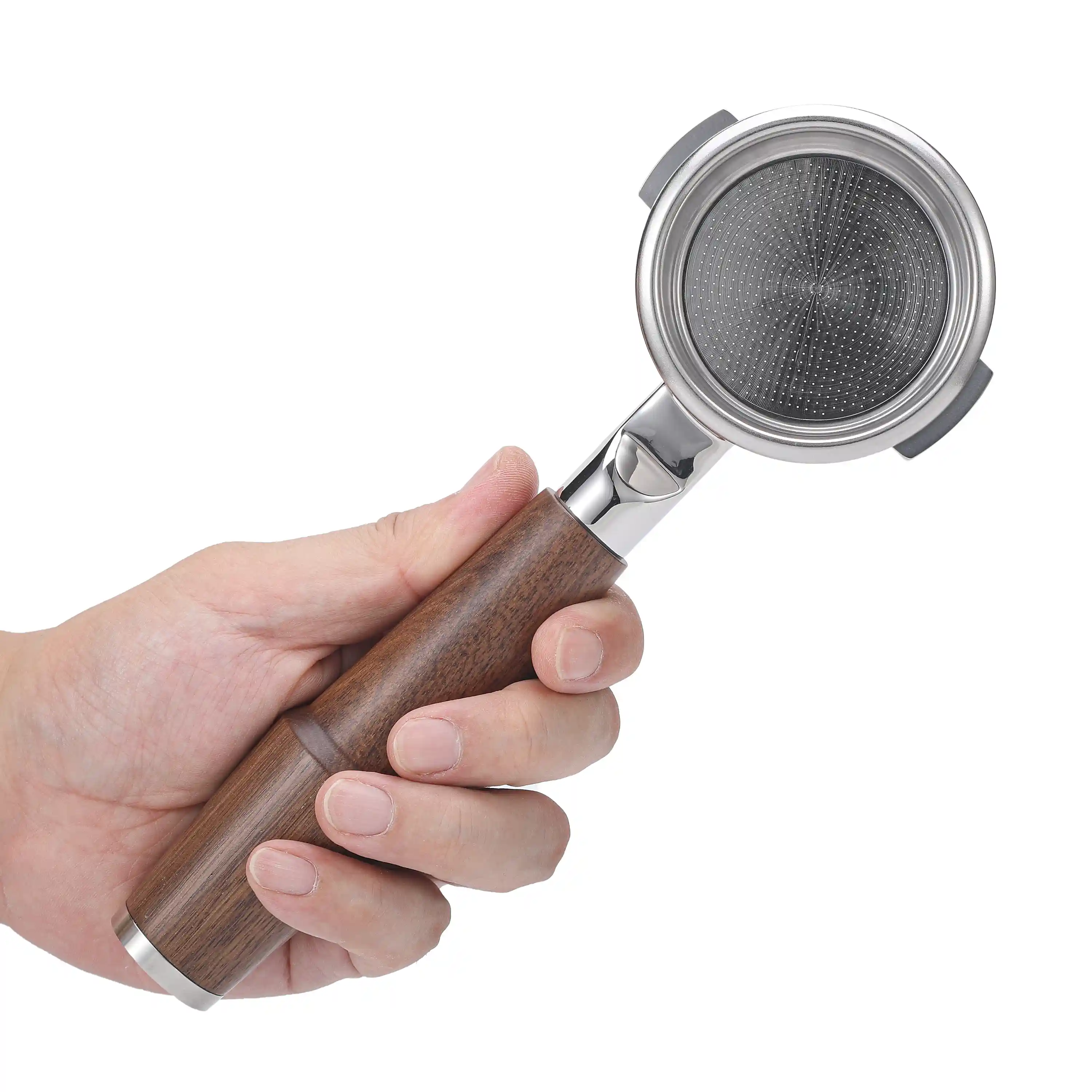 Walnut 58mm Bottomless Portafilter Compatible with Breville Dual Boiler, Oracle, Oracle Jet Espresso Machines Walnut Handle 2 Ears 18-21g Double Shot Filter Basket Included