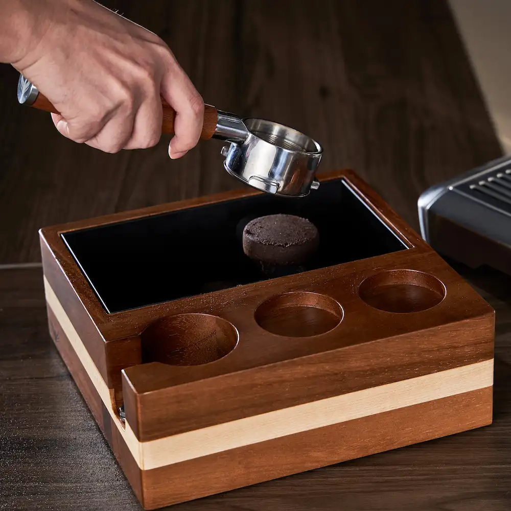KNODOS 54mm Espresso Knock Box with Tamping Station for Breville — Rosewood, Adjustable Holder - 5