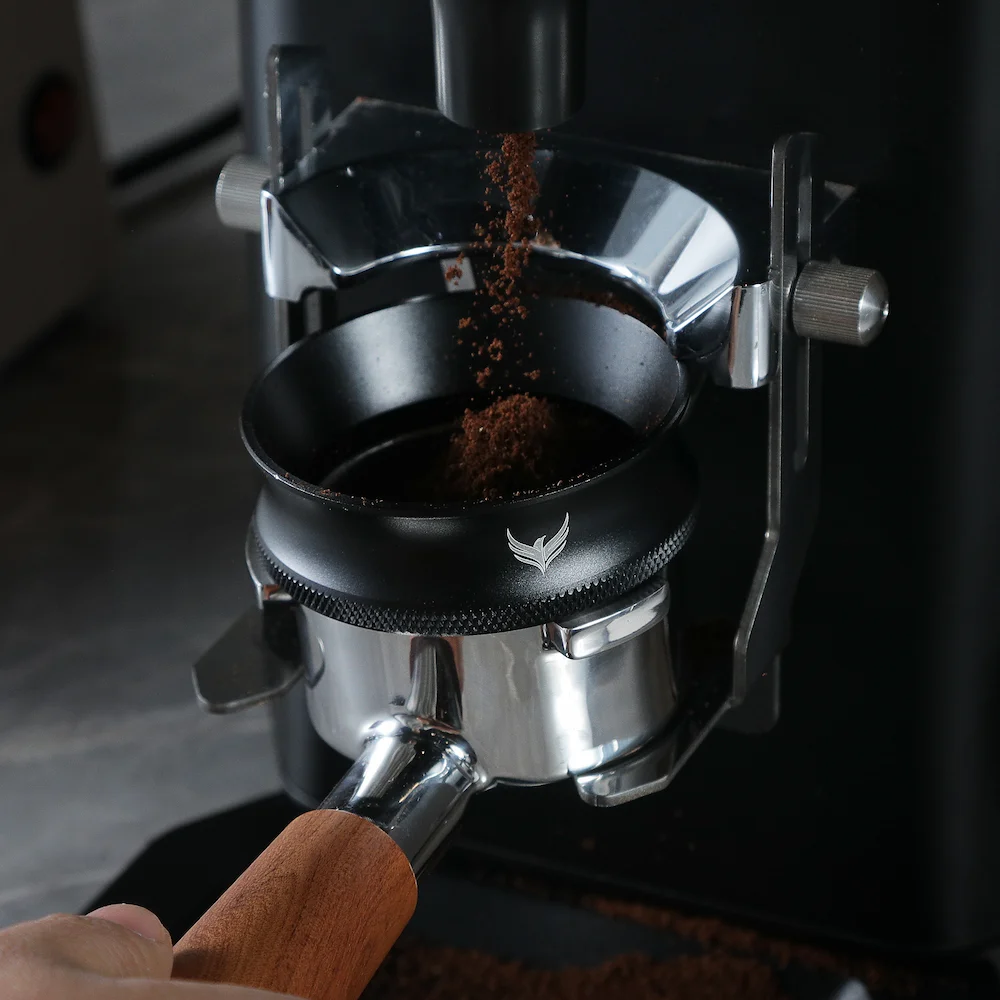 KNODOS 58mm Black Magnetic Dosing Funnel and Espresso Puck Screen Set — Anodized Aluminum - 4