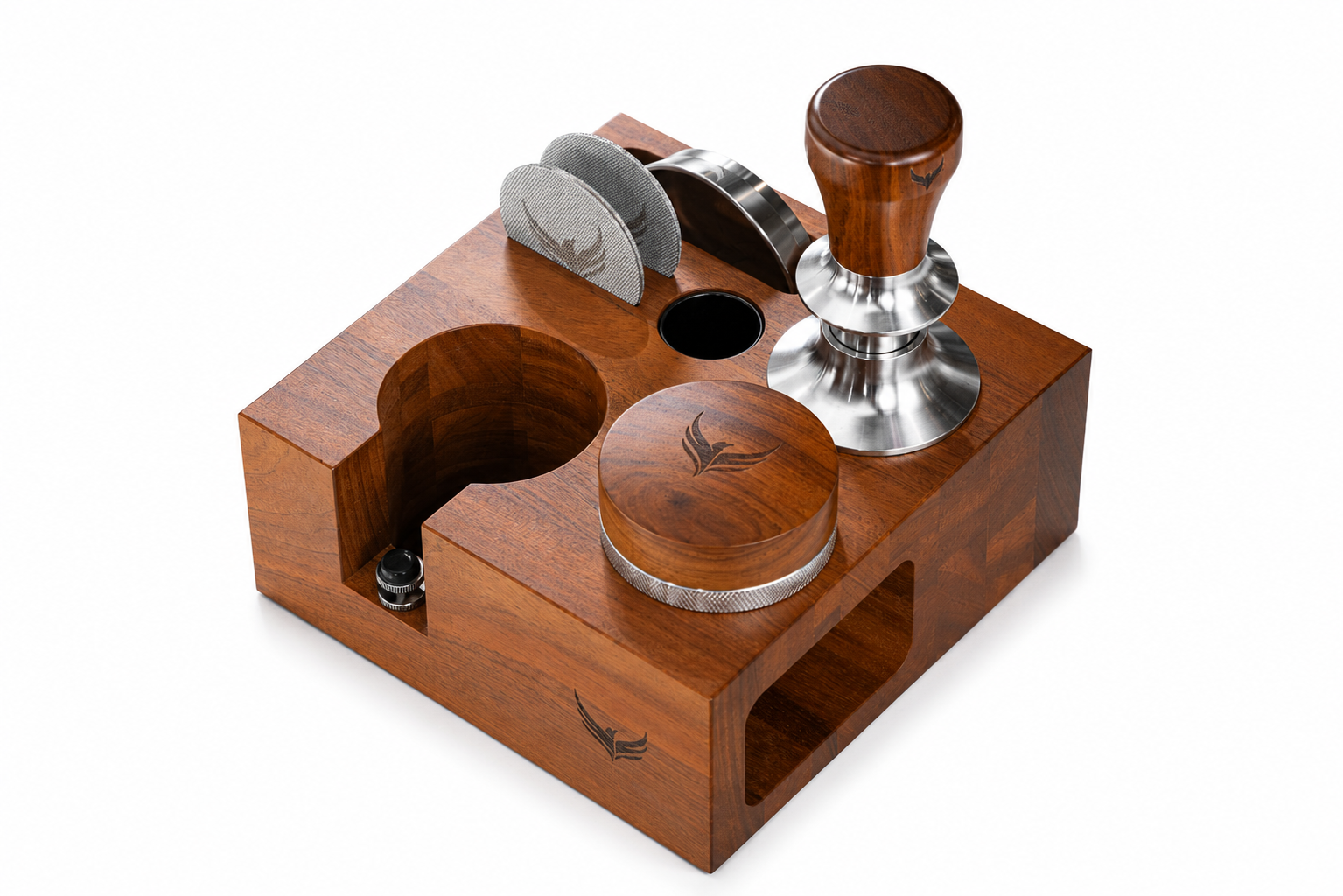 KNODOS Espresso Accessories Bundle — Rosewood Multi-Storage Tamping Workstation Set