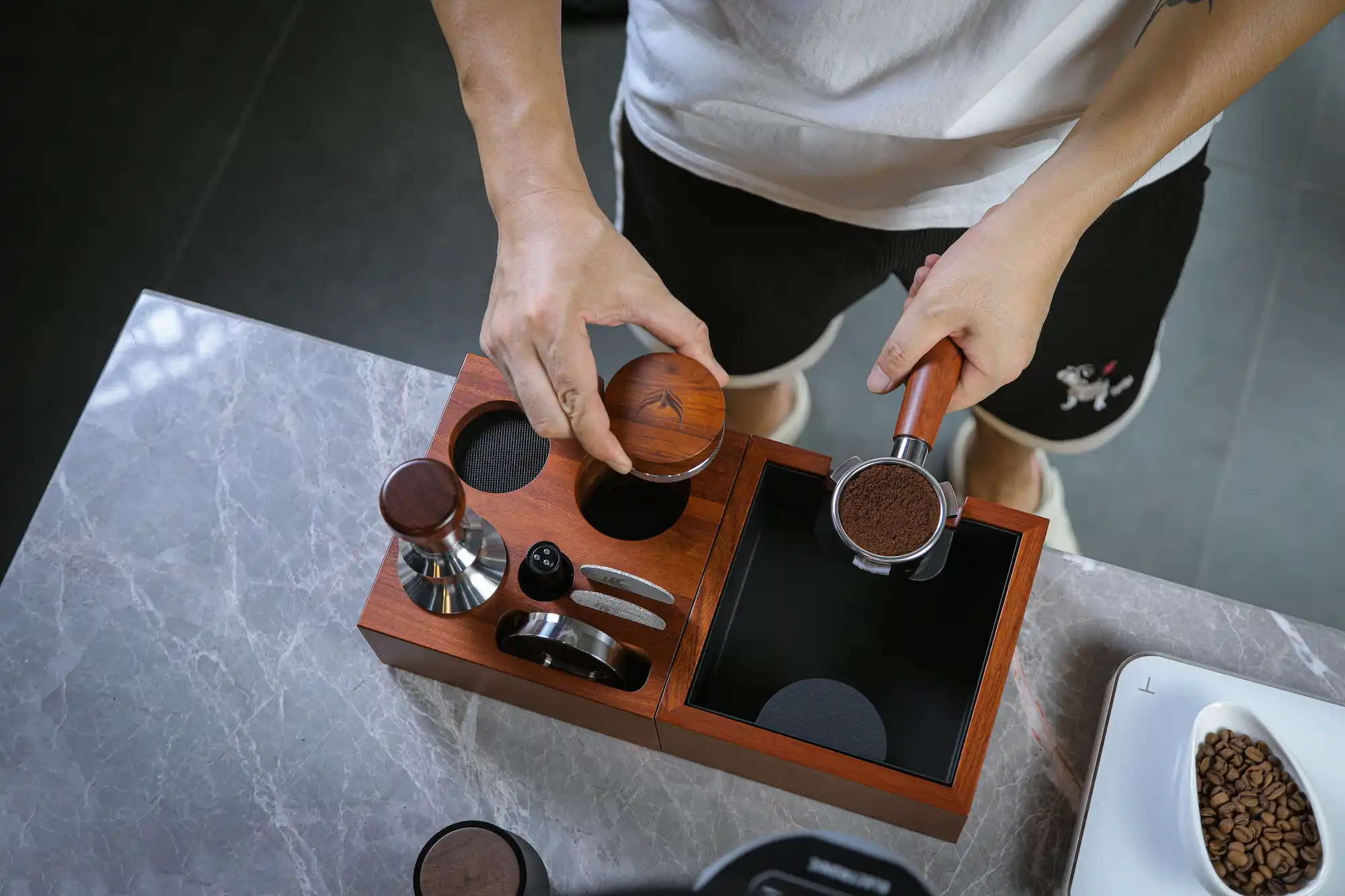KNODOS Espresso Accessories Bundle — Rosewood Multi-Storage Tamping Workstation Set - 5