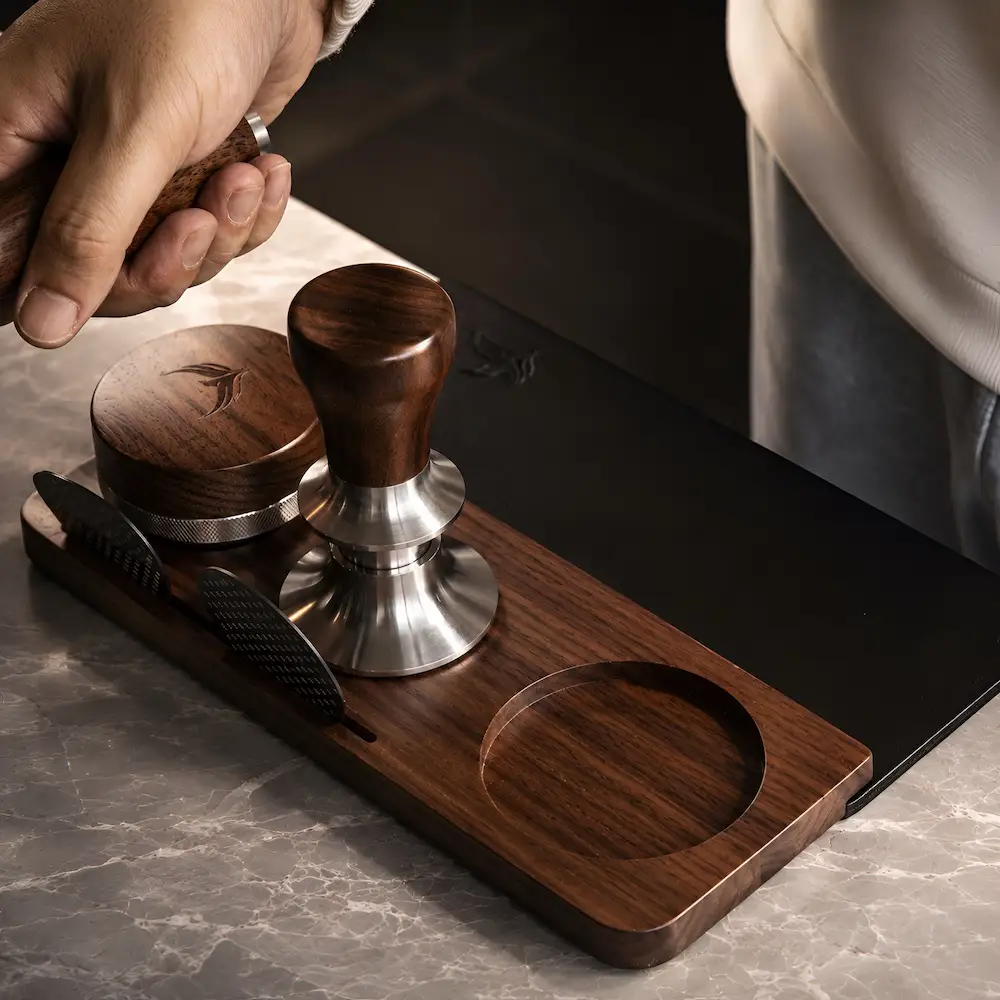 KNODOS 58mm Walnut & Leather Espresso Tamping Mat — Counter Protector & Tool Organizer - 3