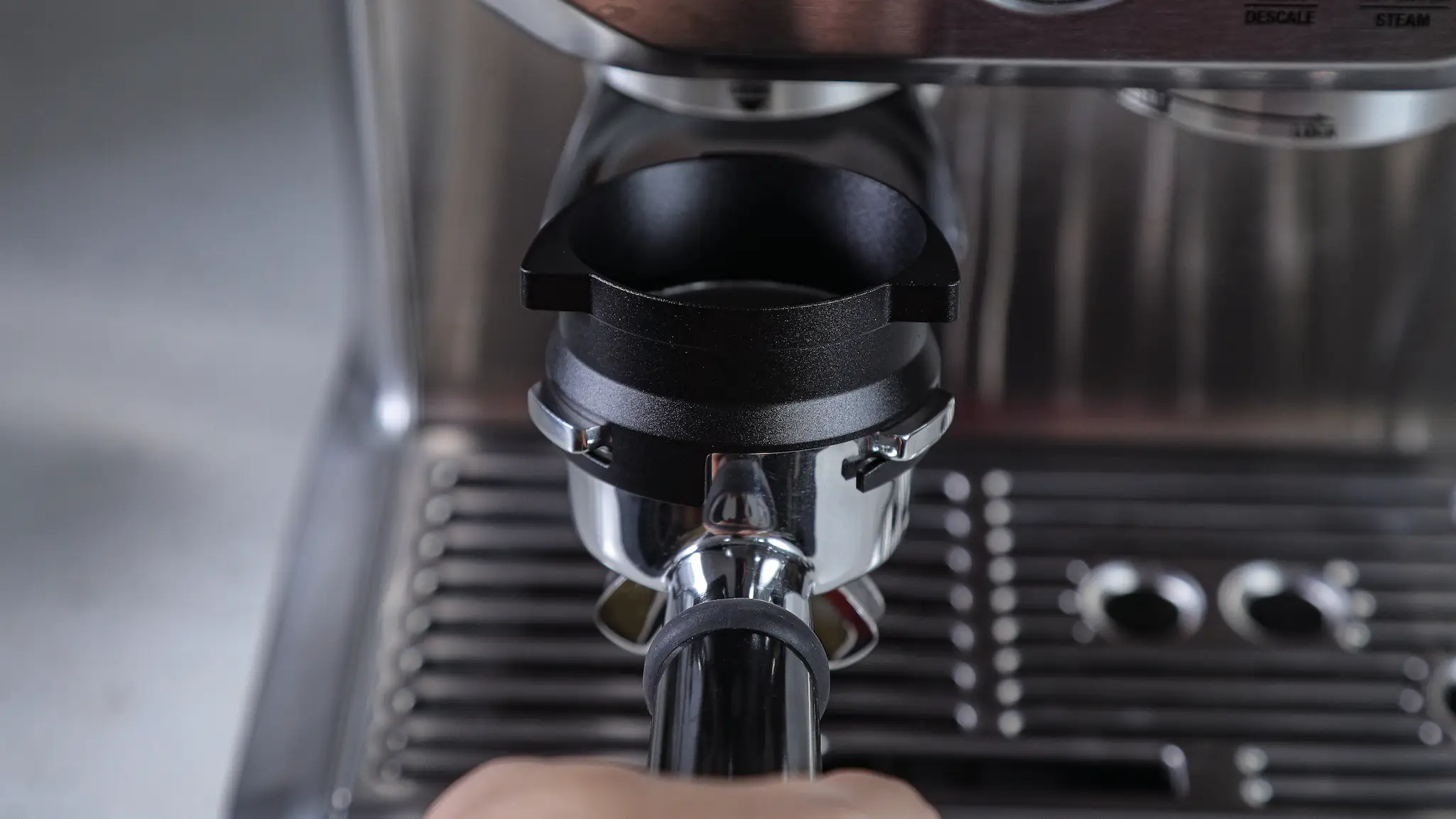 KNODOS 54mm Dosing Funnel and Puck Screen Set with Breville Grinder Trigger — Black - 3