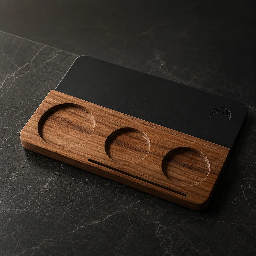 KNODOS 54mm Walnut & Leather Espresso Tamping Mat for Breville — Low-Profile Tool Organizer - 6