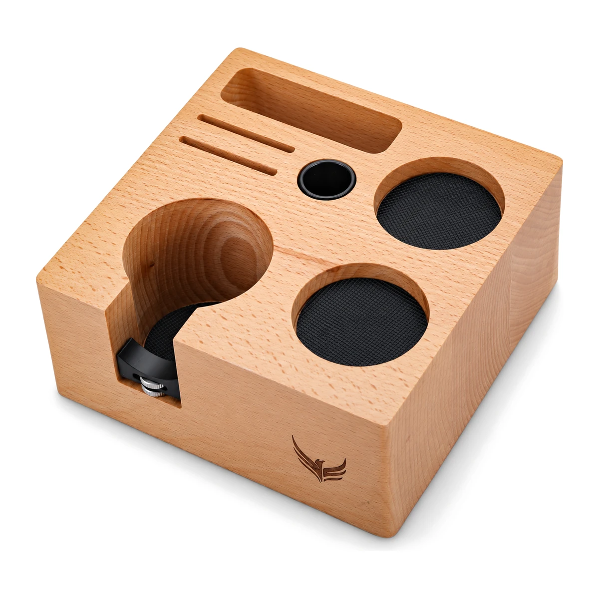 KNODOS 58mm Beech Wood Espresso Tamping Station V3 — 7-Slot Organizer & Portafilter Stand
