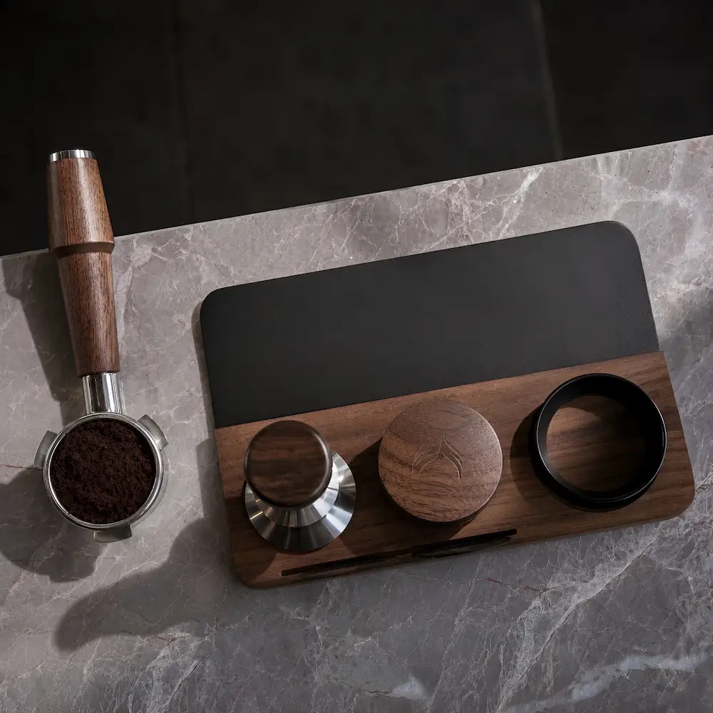 KNODOS 58mm Walnut & Leather Espresso Tamping Mat — Counter Protector & Tool Organizer - 5