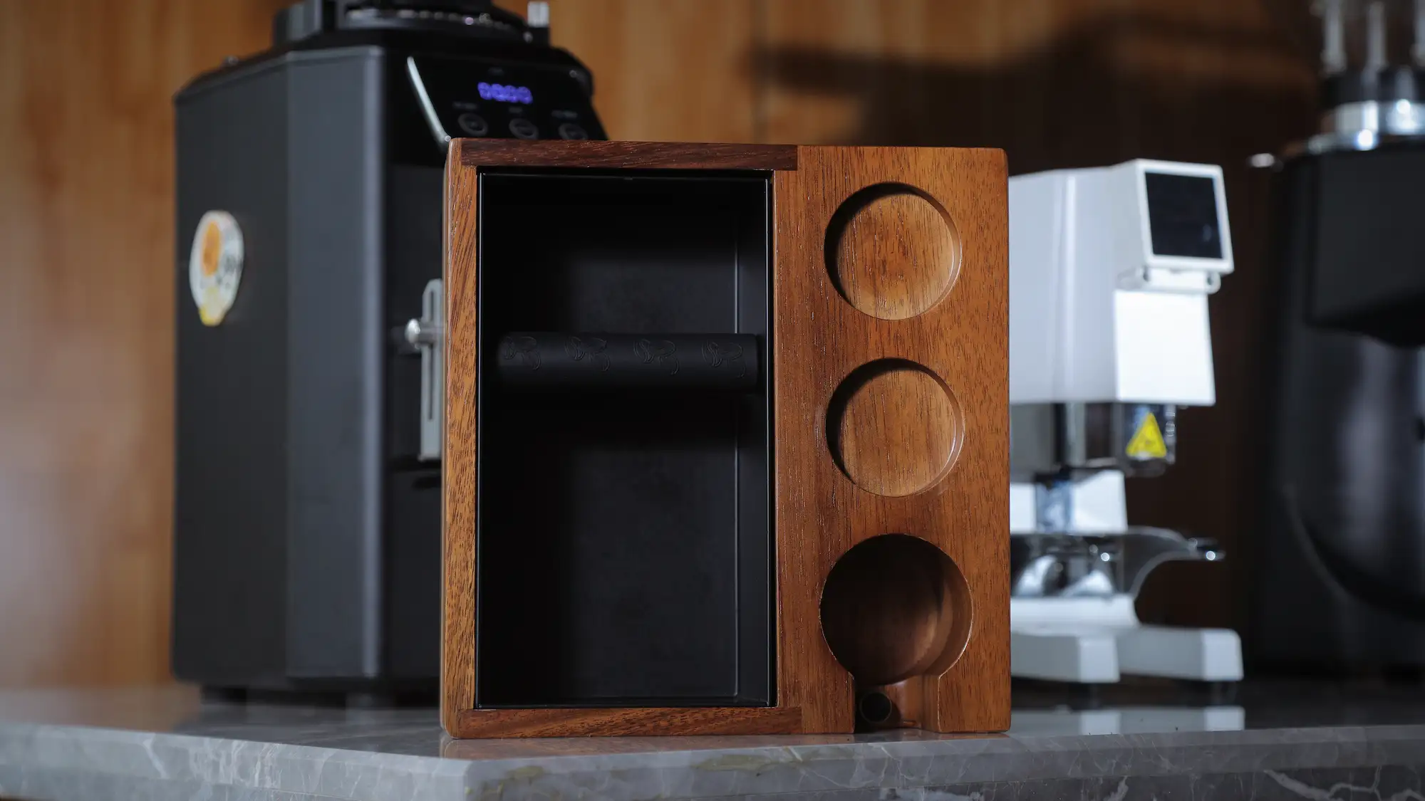 KNODOS 54mm Espresso Knock Box with Tamping Station for Breville — Rosewood, Adjustable Holder - 2