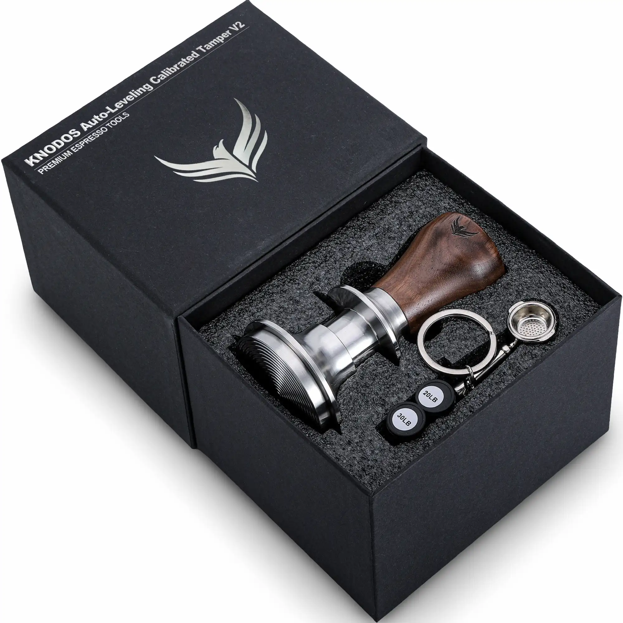 KNODOS 58.5mm Espresso Tamper with Walnut Handle, Calibrated Self-Leveling Spring Loaded Tamper