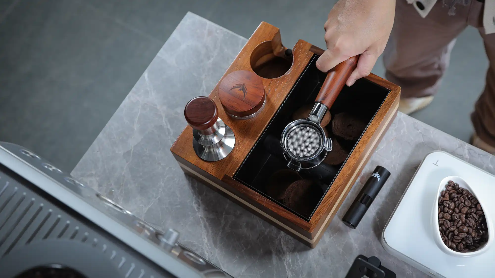 KNODOS 54mm Espresso Knock Box with Tamping Station for Breville — Rosewood, Adjustable Holder - 3