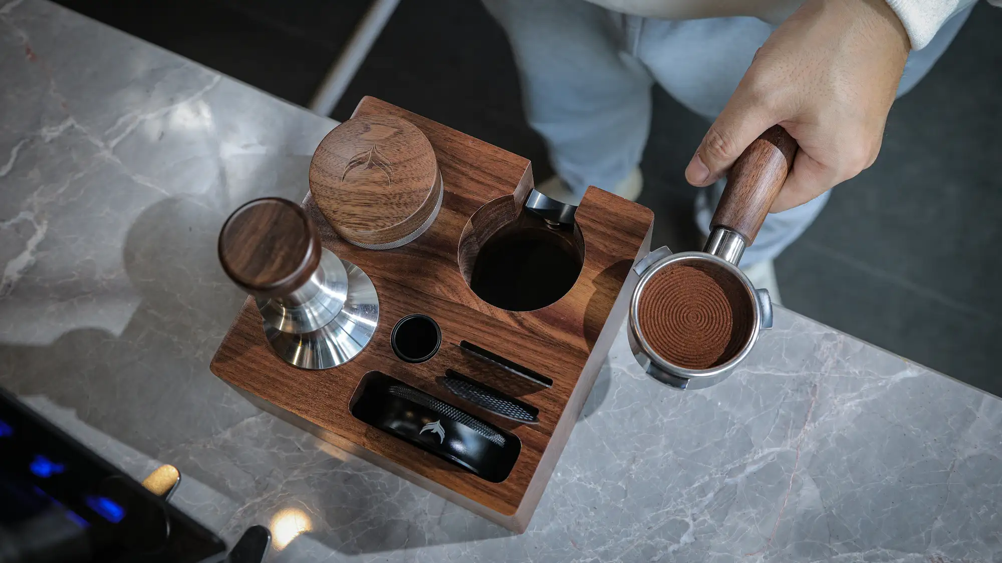 58mm Tamper Station Walnut Portafilter Holder Compact Espresso Organizer with Multi Accessory Storage - 5