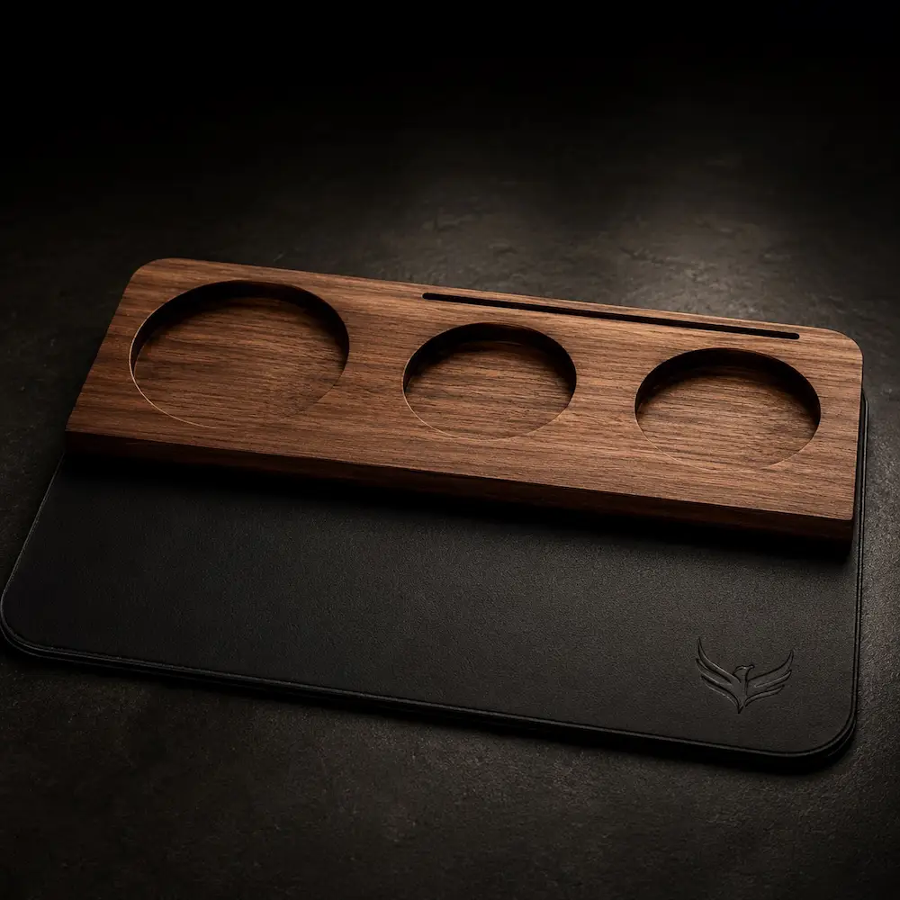 KNODOS 54mm Walnut & Leather Espresso Tamping Mat for Breville — Low-Profile Tool Organizer - 4