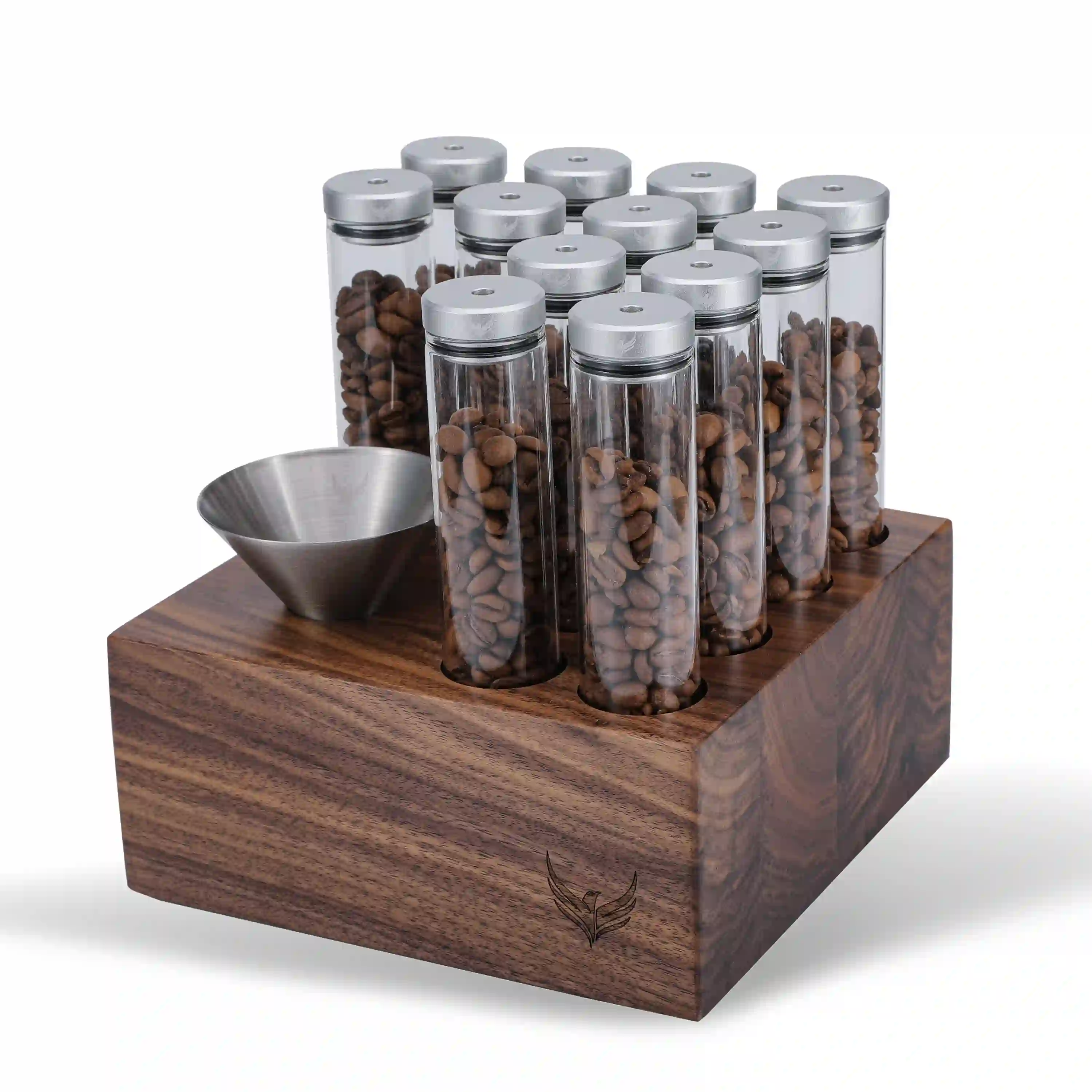 Single Dose Coffee Bean Storage Tubes Espresso Bean Cellar 12pcs One-Way Exhaust Valve Lids Glass Dosing Vials With Walnut Stand & Stainless Steel Funnel