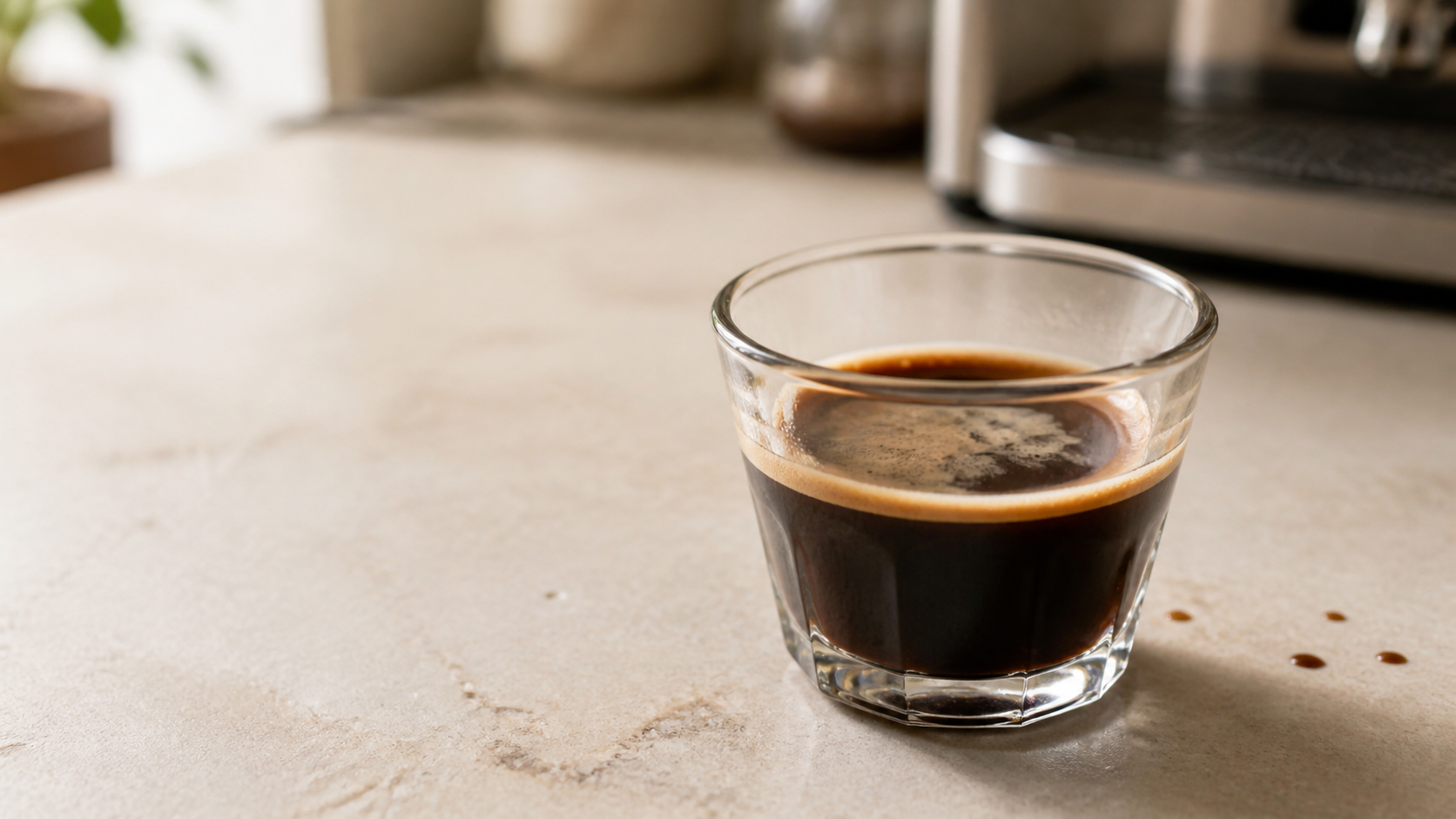Espresso shot pulled into a glass showing a thin layer of crema on the surface