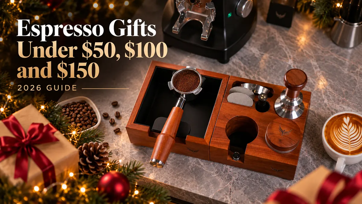 KNODOS rosewood tamping station holding a portafilter, a tamper, a distributor and puck screens, next to a latte and Christmas gifts