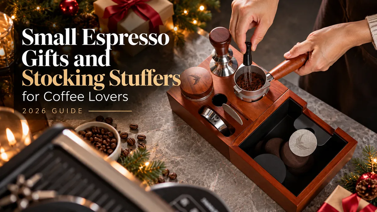 Hands using a WDT tool on a portafilter in a KNODOS rosewood tamping station with a tamper, a distributor and a built-in knock box, surrounded by Christmas decorations