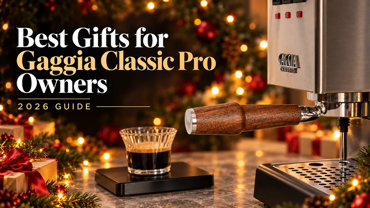 KNODOS bottomless portafilter with a walnut handle in a Gaggia espresso machine, with an espresso shot on a coffee scale and Christmas lights