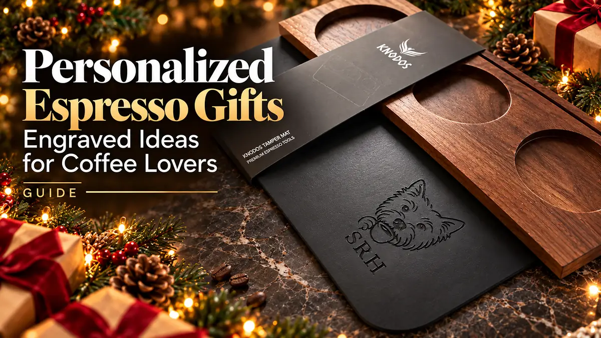 KNODOS walnut and leather tamping mat with the leather engraved with a dog portrait and initials, shown with its gift sleeve among Christmas decorations