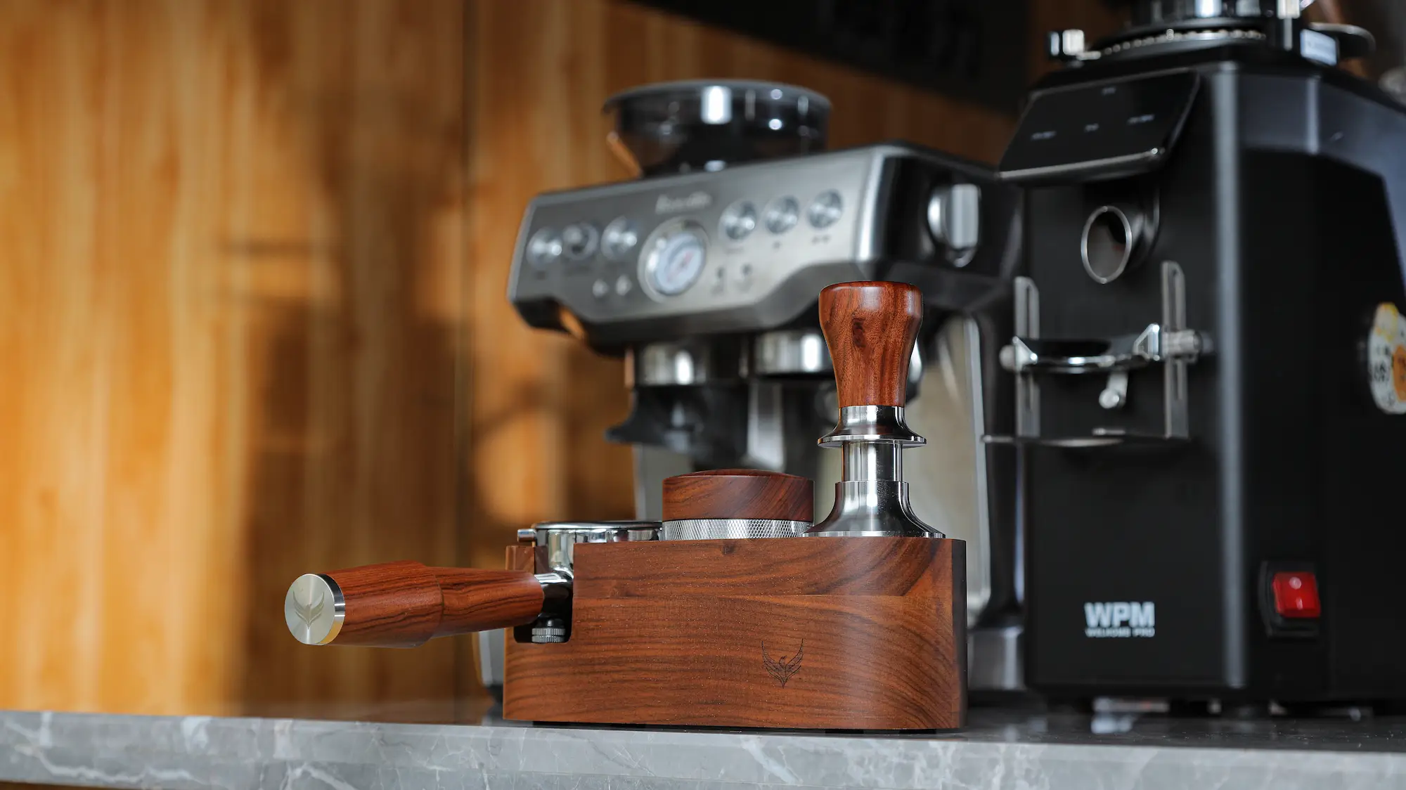 KNODOS 54mm Classic Espresso Tamping Station for Breville — Rosewood, Portafilter Holder & Tool Storage - 3