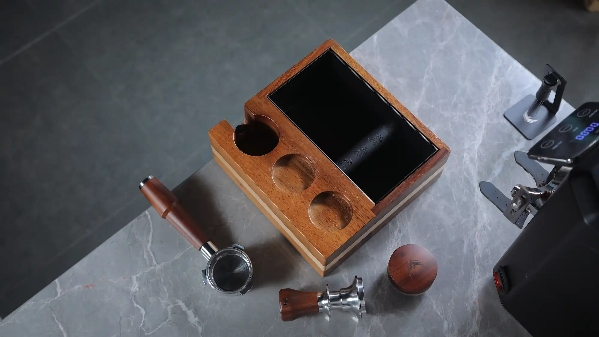 KNODOS 54mm Espresso Knock Box with Tamping Station for Breville — Rosewood, Adjustable Holder - 4