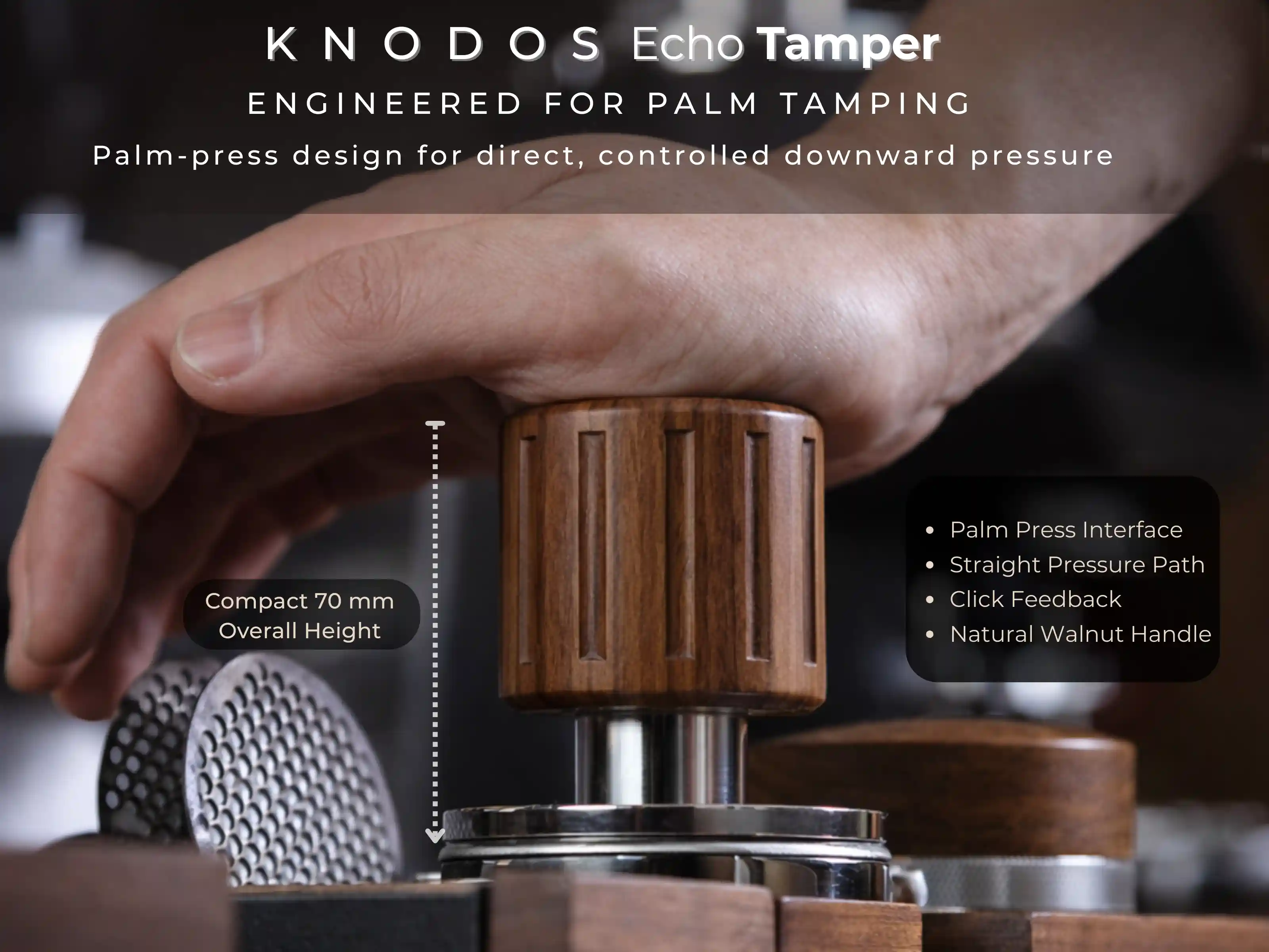 KNODOS Echo 58mm Espresso Tamper — 58.3mm Click Feedback, Walnut Handle - 3