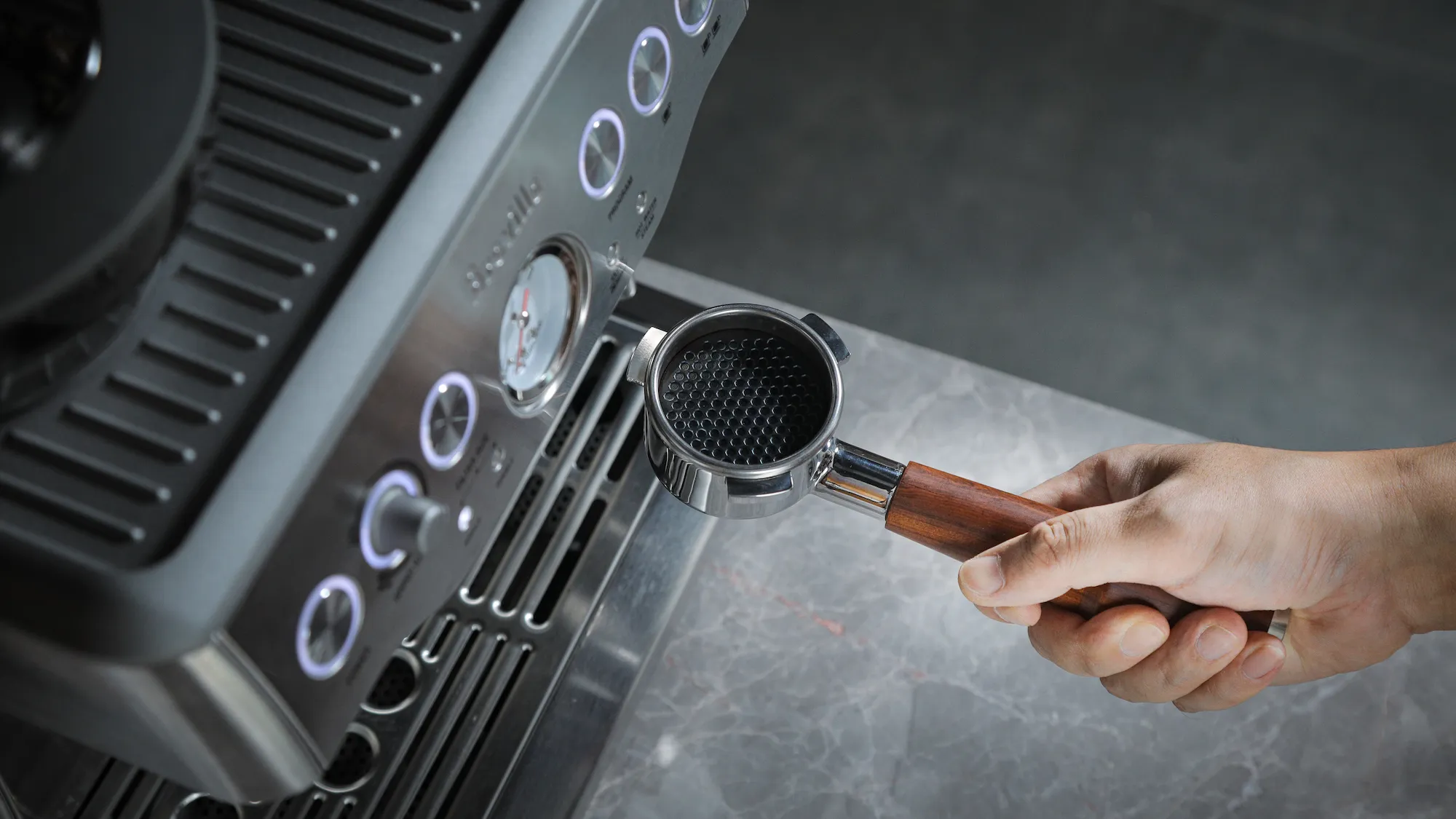 KNODOS 54mm Bottomless Portafilter for Breville with Rosewood Handle, Includes 18–21g Basket - 4