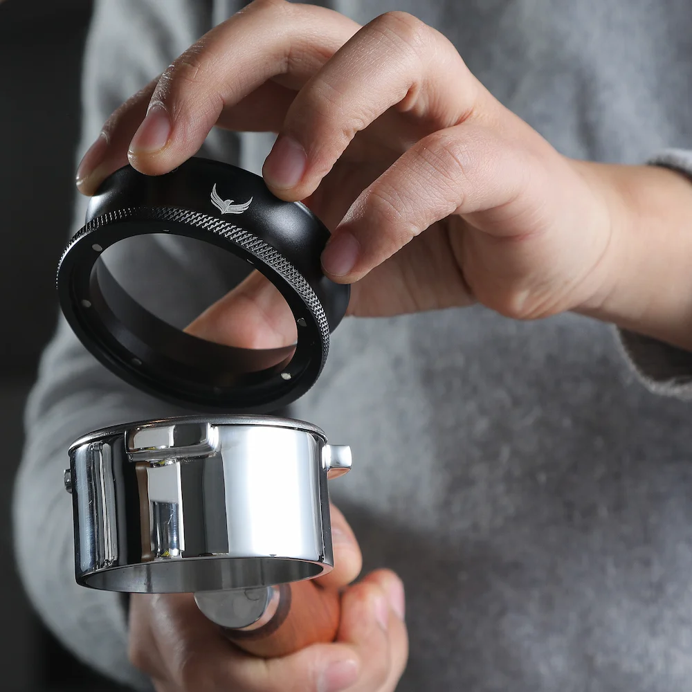 KNODOS 58mm Black Magnetic Dosing Funnel and Espresso Puck Screen Set — Anodized Aluminum - 2