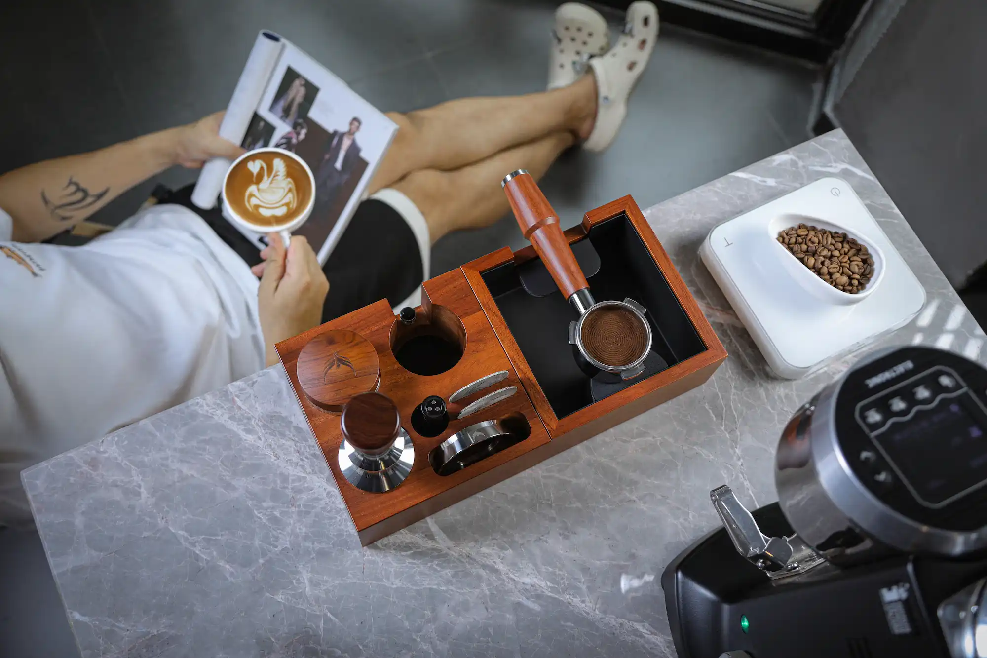 KNODOS Espresso Accessories Bundle — Rosewood Multi-Storage Tamping Workstation Set - 2
