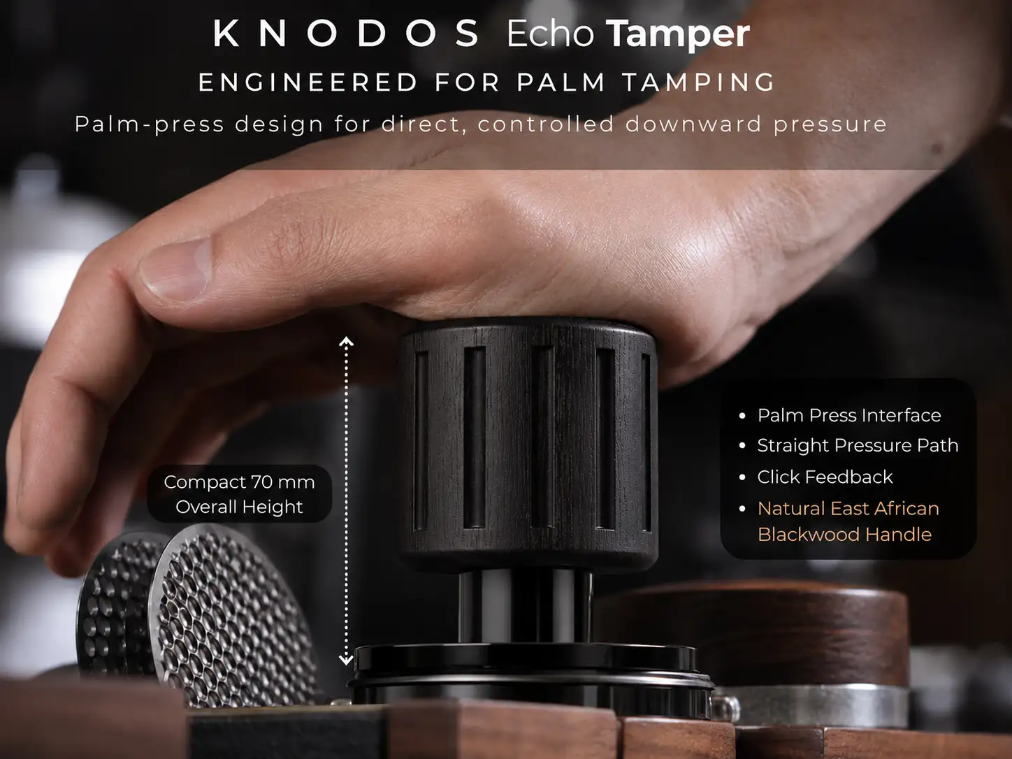 KNODOS Echo Espresso Tamper 58.5mm for VST & IMS Baskets – Calibrated 30lb Click, Self-Leveling Blackwood - 5
